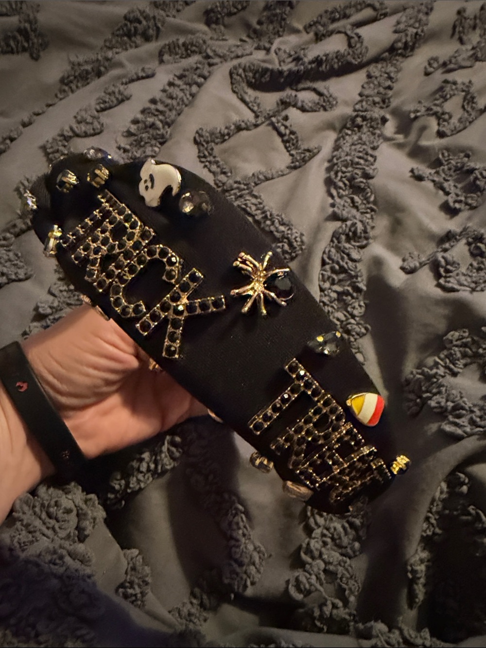 NWOT Black Embellished Knotted Headband with Gold Accents and Halloween Charms